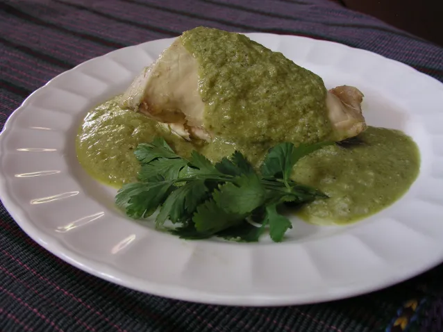 White plate with chicken covered in green sauce, garnished with fresh cilantro leaves, soft daylight